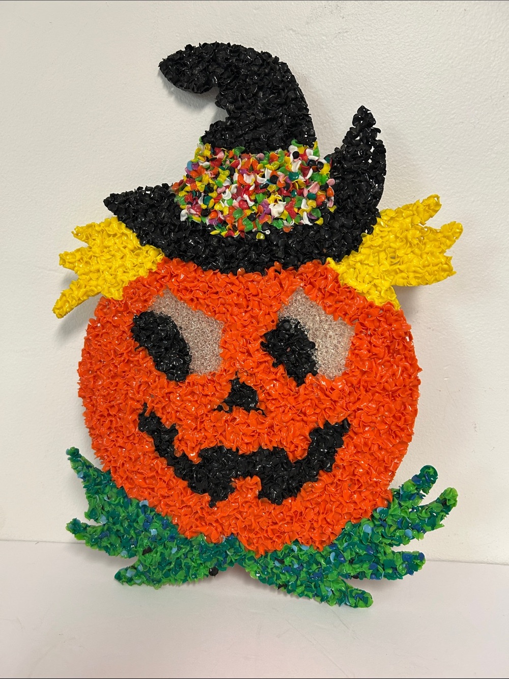 Vintage Melted Plastic Popcorn Fall Art Orange Jack-O-Lantern Pumpkin Wall Decor